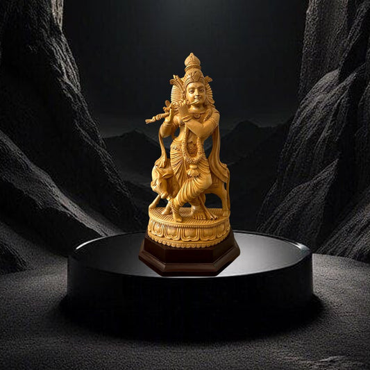 Lord Krishna with Cow 18 inches (Hand Crafted White Wood)