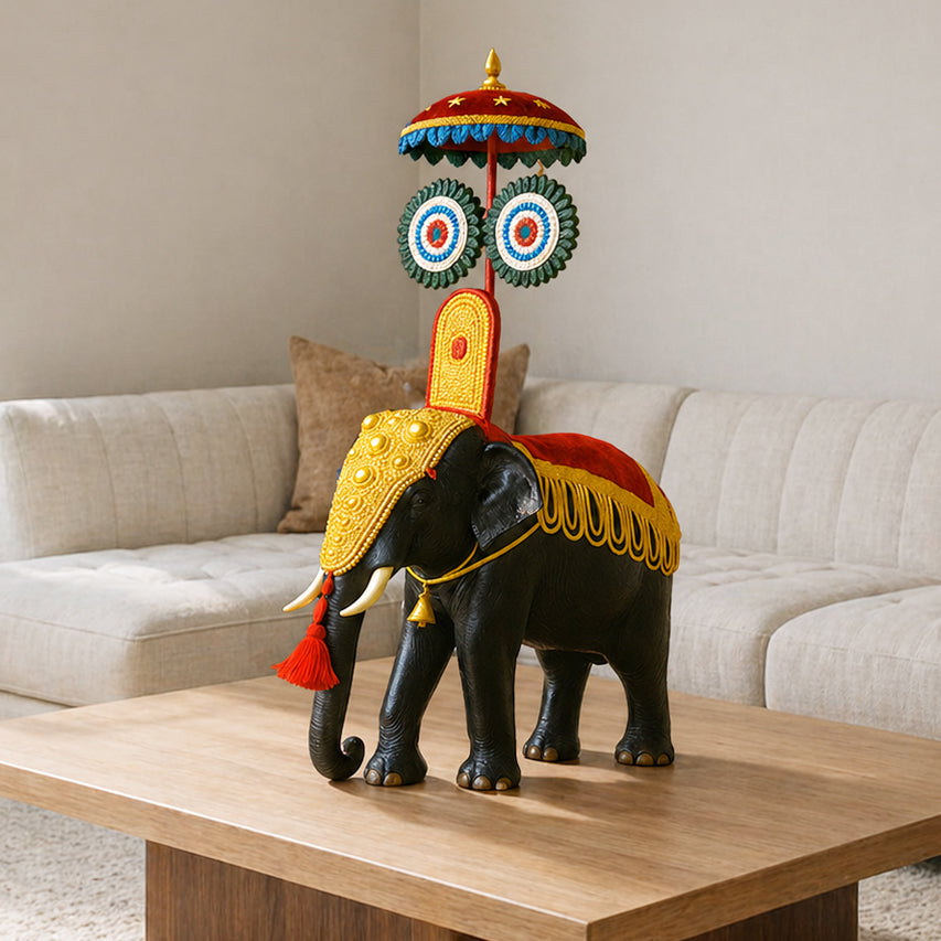 Pooram Elephant with Umbrella (Mahogany Wood)