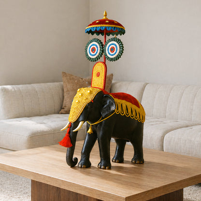 Pooram Elephant with Umbrella (Mahogany Wood)