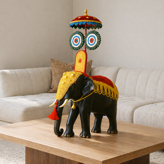 Pooram Elephant with Umbrella (Mahogany Wood)