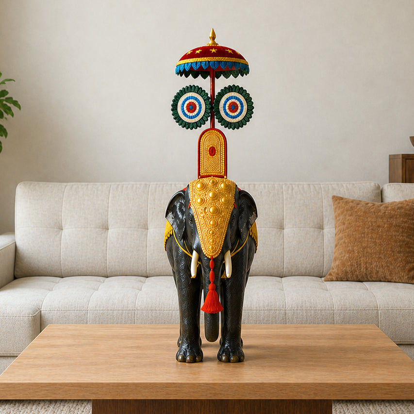 Pooram Elephant with Umbrella (Mahogany Wood)