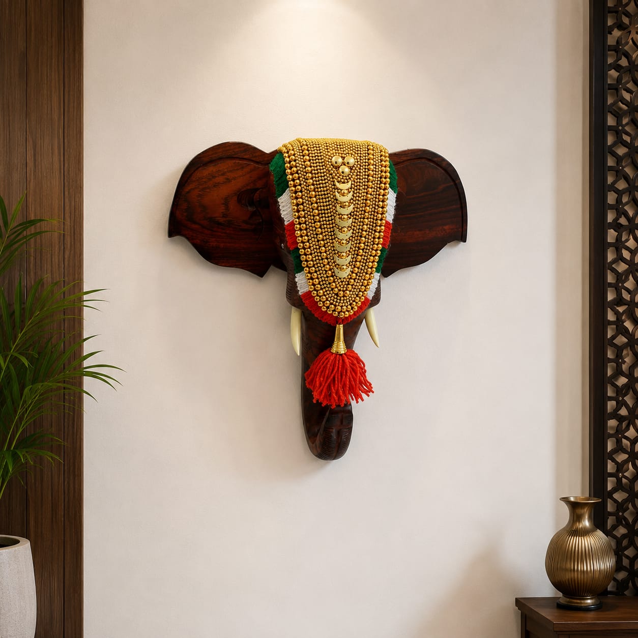 Royal Elephant Wall Art With Nettipattam – Premium Rosewood Edition