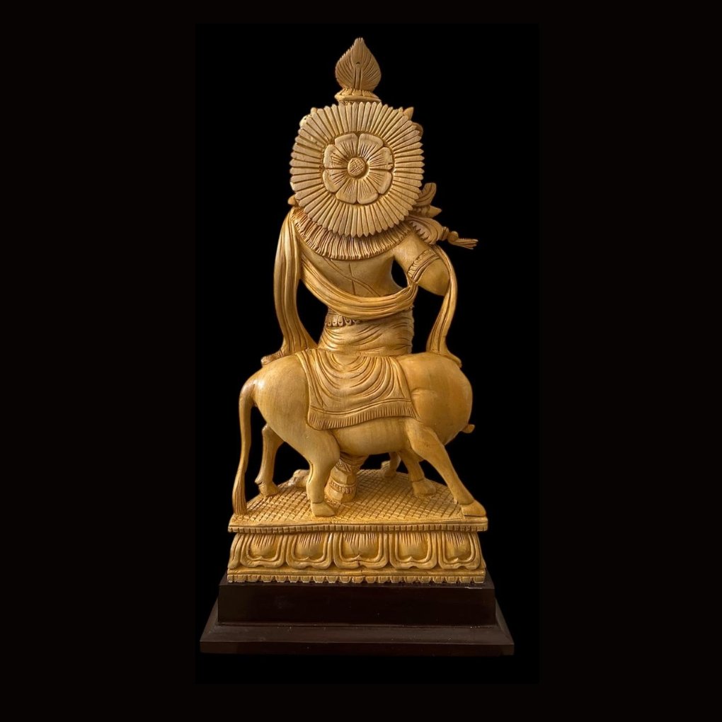 Lord Krishna with Cow 18 inches (Hand Crafted White Wood)