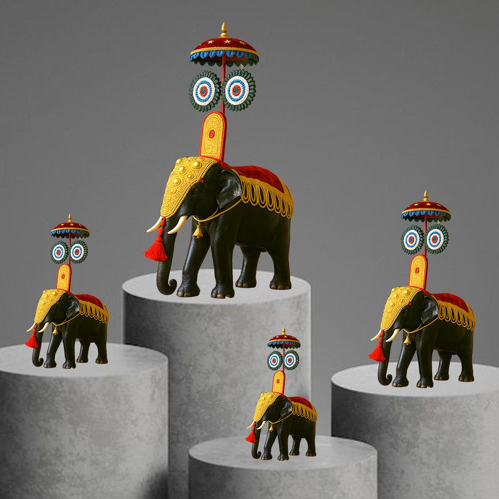 Pooram Elephant with Umbrella (Mahogany Wood)